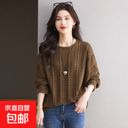 2025年秋冬新款歐美女裝新款時(shí)尚鏤空圓領(lǐng)落肩長(cháng)袖寬松慵懶風(fēng)毛衣 駝色 4XL