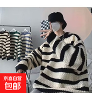 條紋圓領(lǐng)毛衣男秋冬季加厚寬松套頭慵懶日系情侶針織衫毛線衣外套 黑色 XL