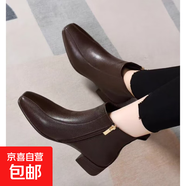 方頭短靴女2025秋冬新款切爾西靴英倫風(fēng)粗跟皮靴加絨棉靴直筒靴 棕色加絨 38