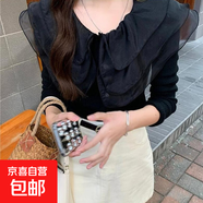 甜美溫柔針織開(kāi)衫女薄款娃娃領(lǐng)毛衣長(cháng)袖荷葉邊領(lǐng)拼接修身上衣1878 黑色 均碼