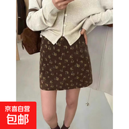 法式復古燈芯絨碎花半身裙女2025秋季新款小個(gè)子高腰a字短裙 咖啡色 S