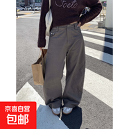 韓版秋季新款鉚釘帥氣闊腿休閑褲女純色彎刀褲2025時(shí)尚女褲 咖色 L