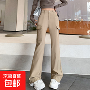 【爆款】美式辣妹工裝微喇褲修身加長(cháng)休閑褲女高腰顯瘦純欲多口袋 卡其色-常規【建議165cm以下】 2XL