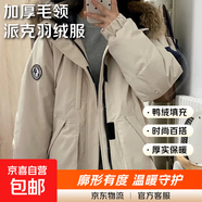 2025冬季新款加厚毛領(lǐng)派克羽絨服女短款加厚時(shí)尚百搭保暖連帽外套 米白色（真貉子毛領(lǐng)） L 建議140-160斤