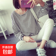 秋冬新款韓國女裝條紋打底衫女寬松長(cháng)袖T恤女上衣女Y306 黑色 M