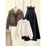 雪妃藍琪（XUEFEILANQI）秋冬連衣裙女裝2025年新款大翻領(lǐng)羽絨棉服外套女毛衣裙子時(shí)尚套裝 咖色棉服+白色毛衣+黑色裙子【三件】 M 【建議80-100斤】