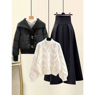 雪妃藍琪（XUEFEILANQI）秋冬連衣裙女裝2025年新款大翻領(lǐng)羽絨棉服外套女毛衣裙子時(shí)尚套裝 黑色棉服+白色毛衣+黑色裙子【三件】 L 【建議100-120斤】