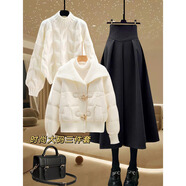 雪妃藍琪（XUEFEILANQI）秋冬連衣裙女裝2025年新款大翻領(lǐng)羽絨棉服外套女毛衣裙子時(shí)尚套裝 白色棉服+白色毛衣+黑色裙子【三件】 M 【建議80-100斤】
