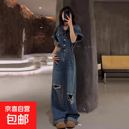 美式復古毛邊短袖連體褲女秋冬季設計感破洞收腰牛仔連衣褲拖地褲 藍色 3XL