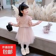 冬季兒童毛衣打底裙女童公主裙背心兩件套女寶連衣裙公主風(fēng)套裝 淺咖加絨 120 cm