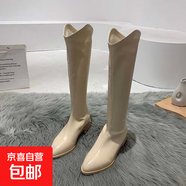 騎士靴女長(cháng)筒靴2025秋冬新款尖頭中筒西部牛仔靴高筒白色靴子女潮 米白色 40