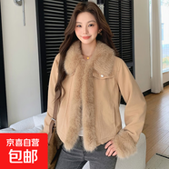 美拉德復古牛仔外套秋冬款加厚短款皮毛一體機車(chē)服夾克上衣棉服 古杏色 M （95-105斤）