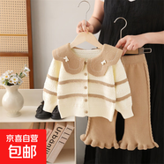 女童毛衣外套2025新款針織兩件套裝大翻領(lǐng)女孩褲子套裝 米白色兩件套褲子 90