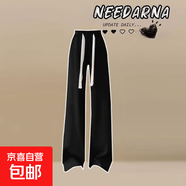 春秋新款寬松顯瘦假兩件連帽衛衣高腰直筒闊腿褲休閑外穿兩件套裝 黑色褲子 XL