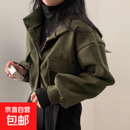 韓版酷帥復古上衣女秋冬機車(chē)小立領(lǐng)休閑短款寬松毛呢外套女裝WBX- 軍綠色 XL