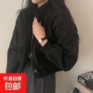 韓版酷帥復古上衣女秋冬機車(chē)小立領(lǐng)休閑短款寬松毛呢外套女裝WBX- 黑色 M