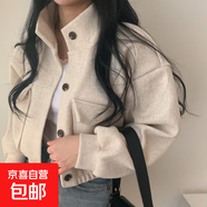 韓版酷帥復古上衣女秋冬機車(chē)小立領(lǐng)休閑短款寬松毛呢外套女裝WBX- 杏色 L