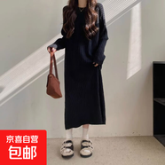 慵懶風(fēng)長(cháng)袖連衣裙女秋冬配大衣寬松直筒裙氣質(zhì)純色中長(cháng)打底裙-977 黑色 XL