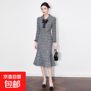輕奢精致名媛小香千金風(fēng)粗花呢魚(yú)尾連衣裙收腰修身氣質(zhì) 灰色 M