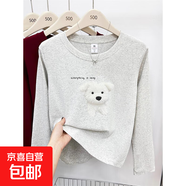 大碼女裝正肩長(cháng)袖T恤女秋冬新款韓系可愛(ài)學(xué)院風(fēng)百搭圓領(lǐng)上衣GZXY 白灰色-可愛(ài)白色狗 S 【建議80-95斤】