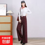 加絨加厚羊毛呢闊腿褲女高腰顯瘦保暖長(cháng)褲柔軟舒適休閑褲時(shí)尚褲子 酒紅色 加絨 2XL 100-120斤