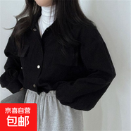 時(shí)尚韓國chic復古翻領(lǐng)短款燈芯絨開(kāi)衫外套女早秋新款抽繩顯瘦上衣 黑色 XL