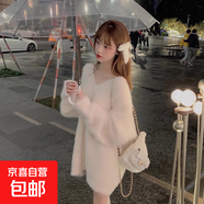 仿水貂絨毛衣女春秋新款V領(lǐng)韓版甜美慵懶風(fēng)軟軟糯糯針織衫女Q115 米白色 均碼