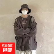 慵懶風(fēng)不規則下擺破洞麻花毛衣女秋冬季街頭時(shí)髦流蘇圓領(lǐng)套頭上衣 灰色 2XL