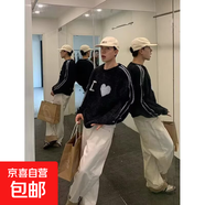 韓國chic秋季復古圓領(lǐng)字母印花撞色寬松馬海毛長(cháng)袖套頭針織毛衣女 黑色 M