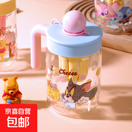 新款玻璃水杯高硼硅大容量吸管帶蓋耐高溫茶漏把手杯便攜 貓和老鼠茶漏把手杯禮盒裝 501-600ml