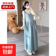 孕婦秋冬連衣裙2025新款孕媽法式穿搭毛衣針織背帶長(cháng)裙子兩件套裝 米白上衣+藍色裙 M