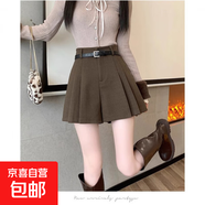 黑色百褶毛呢短褲女春秋季外穿百搭靴褲高腰a字闊腿休閑褲裙顯瘦 咖色  無(wú)腰帶 L