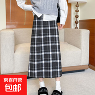 毛呢包臀裙秋冬復古新款中長(cháng)裙女百搭高腰顯瘦A字格子半身裙 新黑色 XL