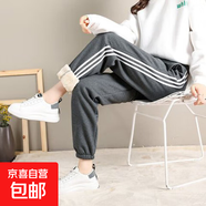 冬季加絨運動(dòng)褲女闊腿寬松大碼肥腿保暖加厚羊羔絨燈籠褲外穿衛褲 深灰色(三杠)偏藍 2XL
