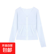 萊賽爾雪花連帽條紋拉鏈長(cháng)袖恤上衣女秋季韓系休閑百搭開(kāi)衫短外套 藍白條紋 S