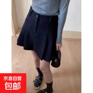 歐貨秋冬新款高腰毛呢半身裙短款顯瘦防走光休閑百褶a字短裙女 黑色 L