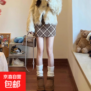 紅色格子半身裙女秋冬季2025新款高腰a字包臀裙小個(gè)子毛呢短裙子 卡其色 S