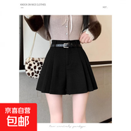 黑色百褶毛呢短褲女春秋季外穿百搭靴褲高腰a字闊腿休閑褲裙顯瘦 黑色  無(wú)腰帶 2XL
