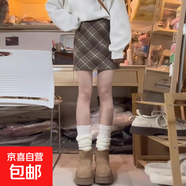 紅色格子半身裙女秋冬季2025新款高腰a字包臀裙小個(gè)子毛呢短裙子 卡其色【AA280】 M