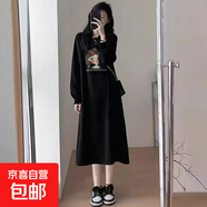 中長(cháng)款過(guò)膝純棉長(cháng)袖連衣裙女秋季森系新款洋氣寬松卡通開(kāi)叉t恤裙 黑色麻花女孩