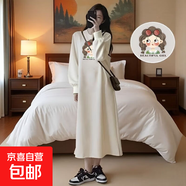 中長(cháng)款過(guò)膝純棉長(cháng)袖連衣裙女秋季森系新款洋氣寬松卡通開(kāi)叉t恤裙 奶茶麻花女孩