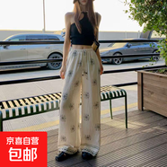波西米亞時(shí)髦復古度假風(fēng)印花休閑薄長(cháng)褲女裝女式提臀舒適休閑長(cháng)褲 杏色 XL
