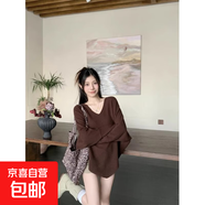 韓系慵懶風(fēng)寬松V領(lǐng)蝙蝠袖針織衫女秋冬季不規則軟糯毛衣長(cháng)袖上衣 606咖啡 均碼