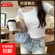 美式復古辣妹短款露肩斜肩短袖t恤女夏季新款緊身設計感顯瘦上衣 A029#白色 L 【105-115斤】