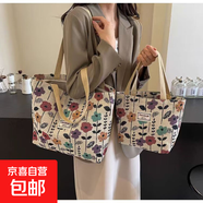 大容量單肩休閑包女2024新款ins帆布包托特上課手提包上班通勤包 春意盎然 紅色 小號單層款