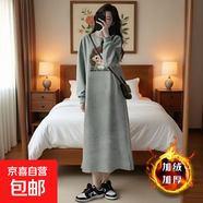 中長(cháng)款過(guò)膝純棉長(cháng)袖連衣裙女秋季森系新款洋氣寬松卡通開(kāi)叉t恤裙 灰色麻花女孩加絨