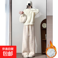 千鳥(niǎo)格闊腿褲女秋冬2025新款高腰慵懶休閑加絨加厚白色格子褲子 粉紫 小個(gè)子 加絨 L