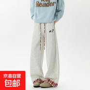 美式復古格紋拼接卷邊花灰色運動(dòng)衛褲子女秋冬新款直筒闊腿休閑褲 白灰色 S