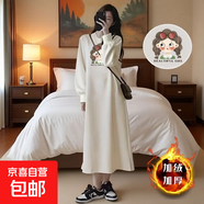 中長(cháng)款過(guò)膝純棉長(cháng)袖連衣裙女秋季森系新款洋氣寬松卡通開(kāi)叉t恤裙 奶茶麻花女孩加絨