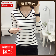 長(cháng)袖t恤大碼女裝打底衫寬松顯瘦條紋早春秋上衣v領(lǐng)中年KJY#8003# KJY#8003#白條紋 2XL 【120-140斤】